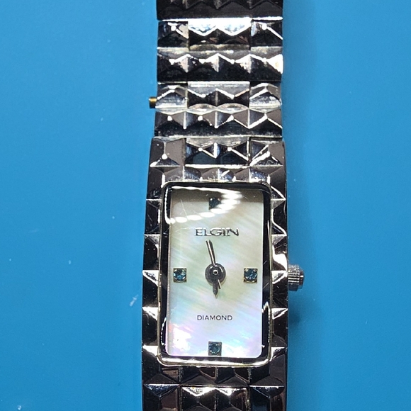 Elgin Accessories - Womans Elgin Stanless Steel Mother Of Pearl W Blue Diamond Watch